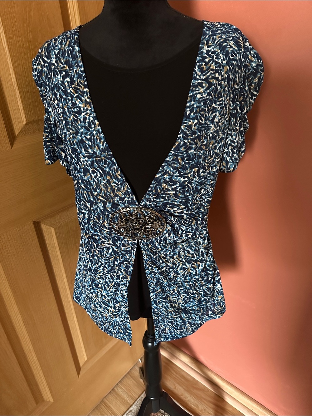 Notations Blue Patterned V-Neck Top with Decorative Buckle